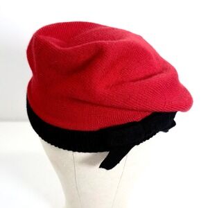 Kate Spade New York Red Wool Blend Knit Beret Hat Black Trim Bow Adjustable